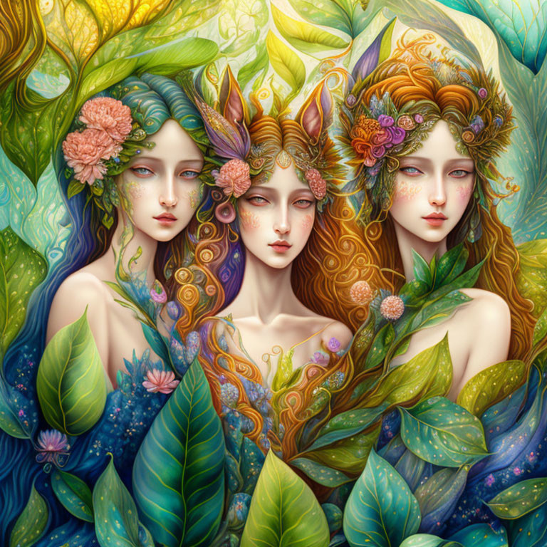 Ethereal women with floral adornments in vibrant botanical setting