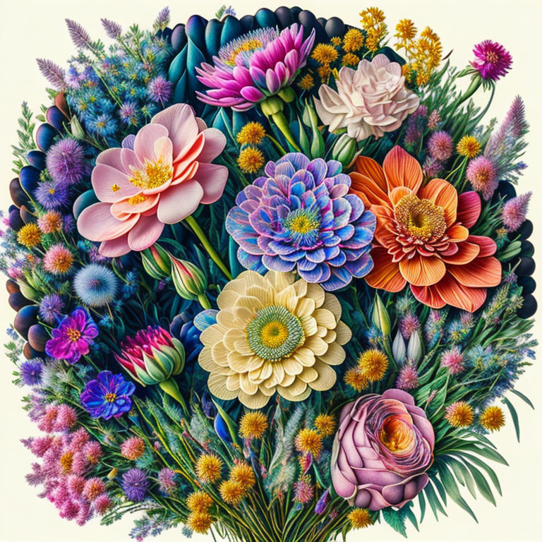 Colorful Floral Arrangement Featuring Pink, Purple, Orange, and Blue Flowers