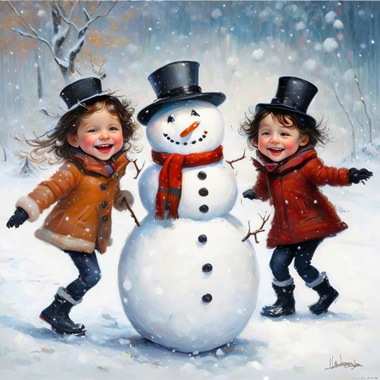 Children in winter coats and top hats playing with a snowman in falling snowflakes