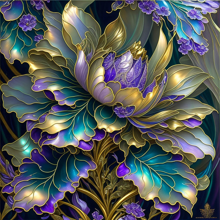 Digital art: Metallic flowers with gold outlines on dark background