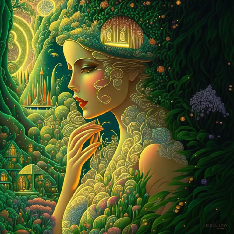 Woman merged with vibrant fantasy landscape in intricate patterns.