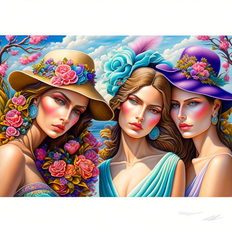 Stylized women with striking makeup and floral hats against vibrant backdrop