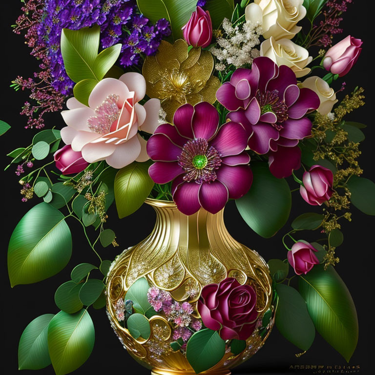 Colorful Pink, Purple, and White Flowers in Golden Vase on Black Background