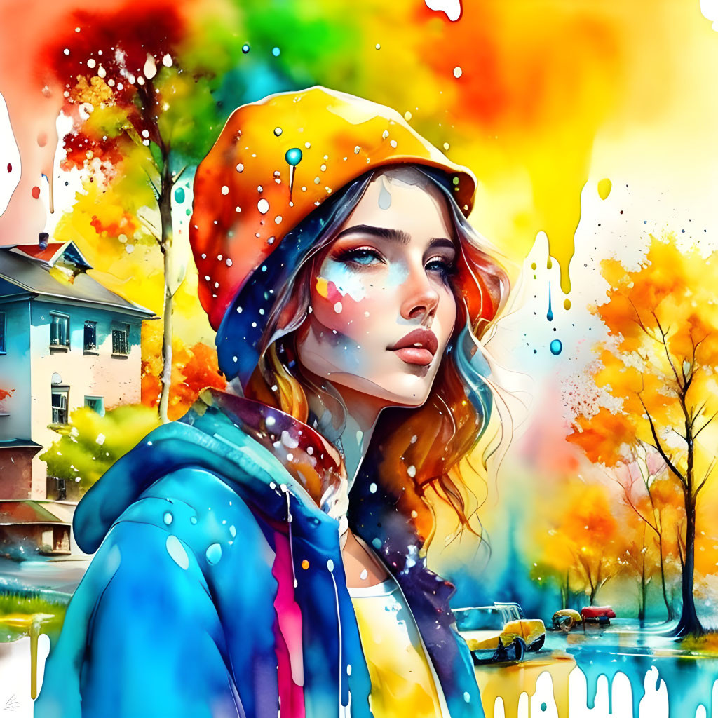 Vivid autumnal watercolor illustration of young woman with hat in nature