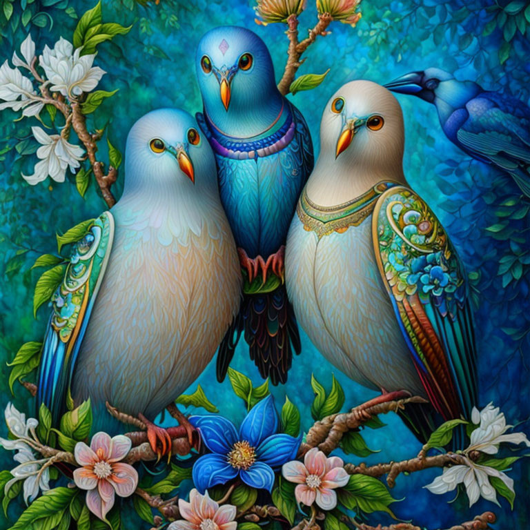 Ornate pigeons with intricate patterns on blue floral background