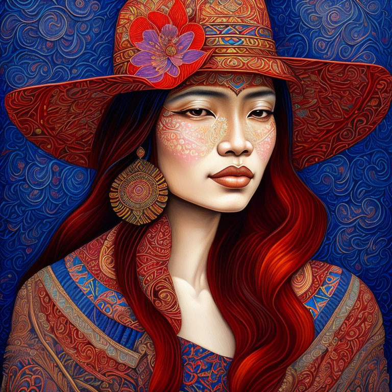 Red-haired woman with intricate face patterns, hat, and earrings on blue background