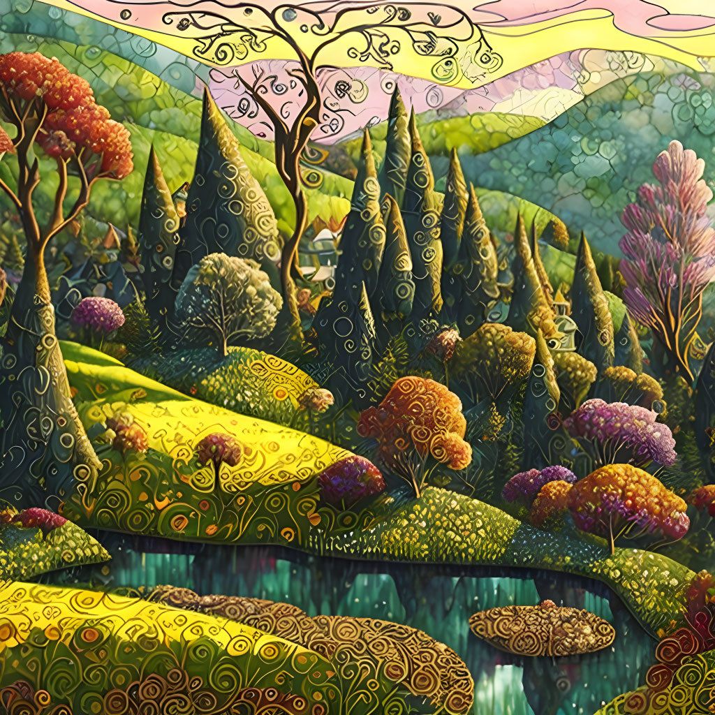 Colorful autumnal landscape with patterned trees, hills, house, and river.