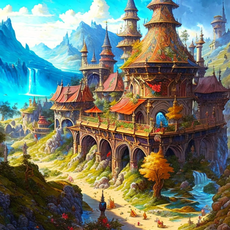 Fantastical castle with wooden structures in vibrant landscape.