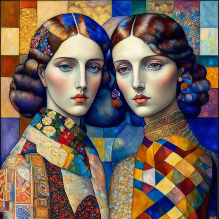 Symmetrical female figures in colorful attire on mosaic backdrop