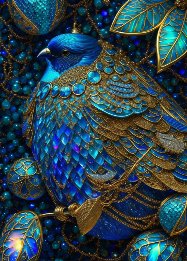 Blue bird digital artwork with golden patterns and jewels for an opulent look