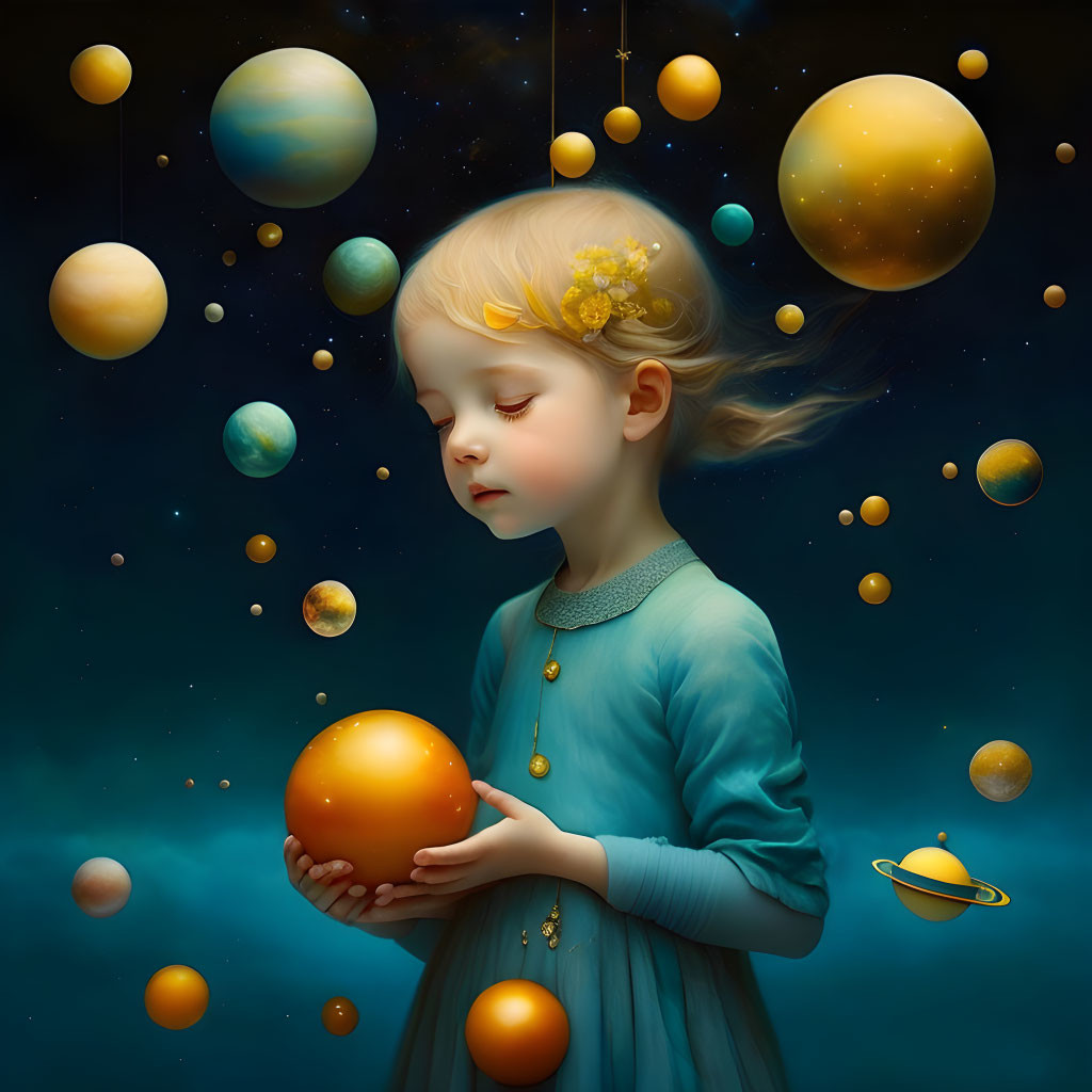 Serene young girl among floating planets and glowing orange sphere