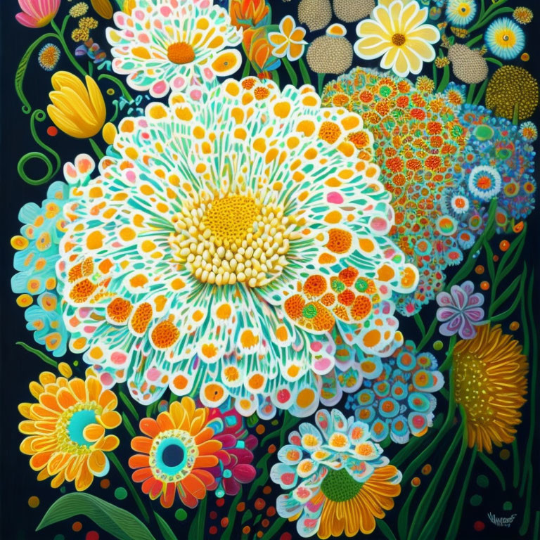 Colorful Floral Painting with Large White and Yellow Flower on Dark Background