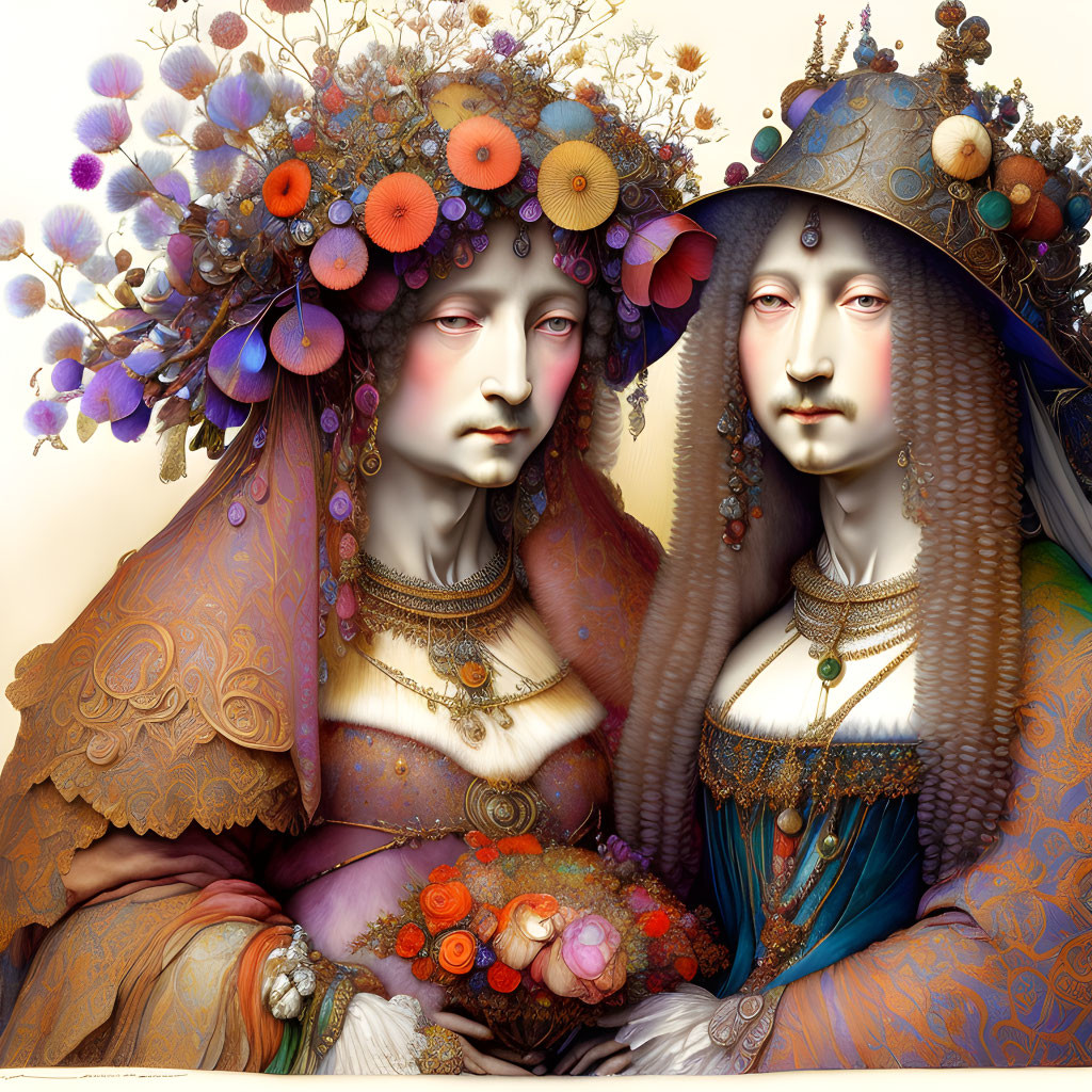 Ornately dressed surreal figures with floral headpieces on cream background