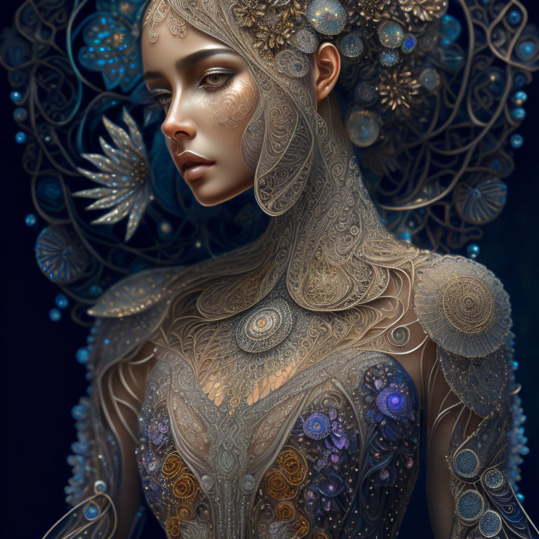 Intricate digital artwork of a woman with golden tattoos and floral headdress