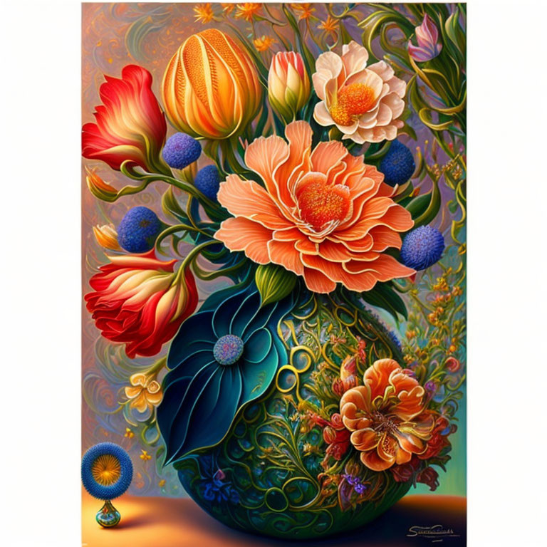 Colorful Flower Bouquet in Decorated Vase: Vibrant Artwork with Rich Colors