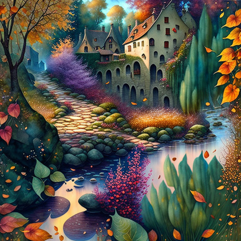 Illustration of vibrant stone bridge over tranquil river & charming estate in lush, colorful nature