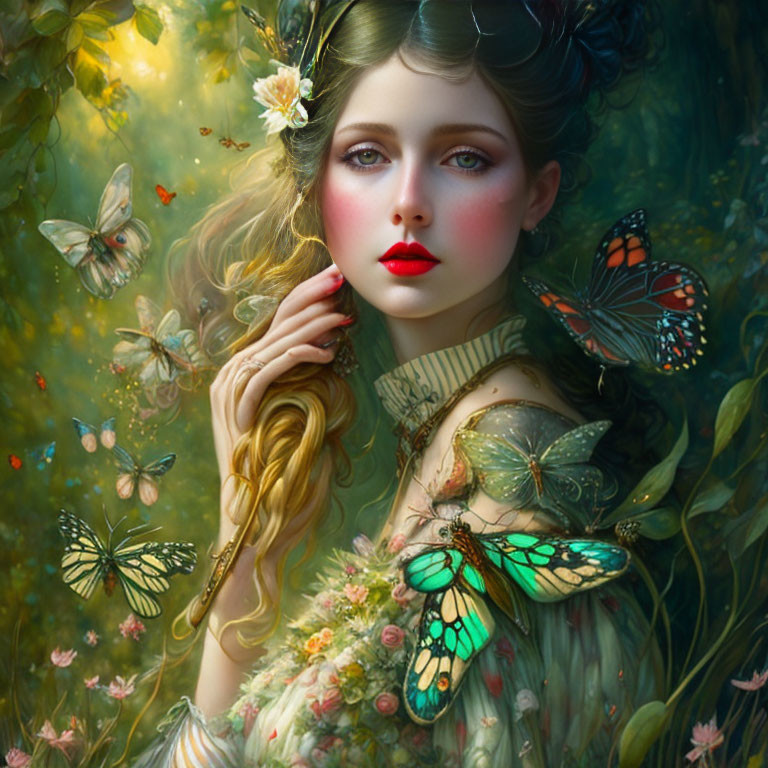 Portrait of woman with butterflies in lush, fairy-like setting