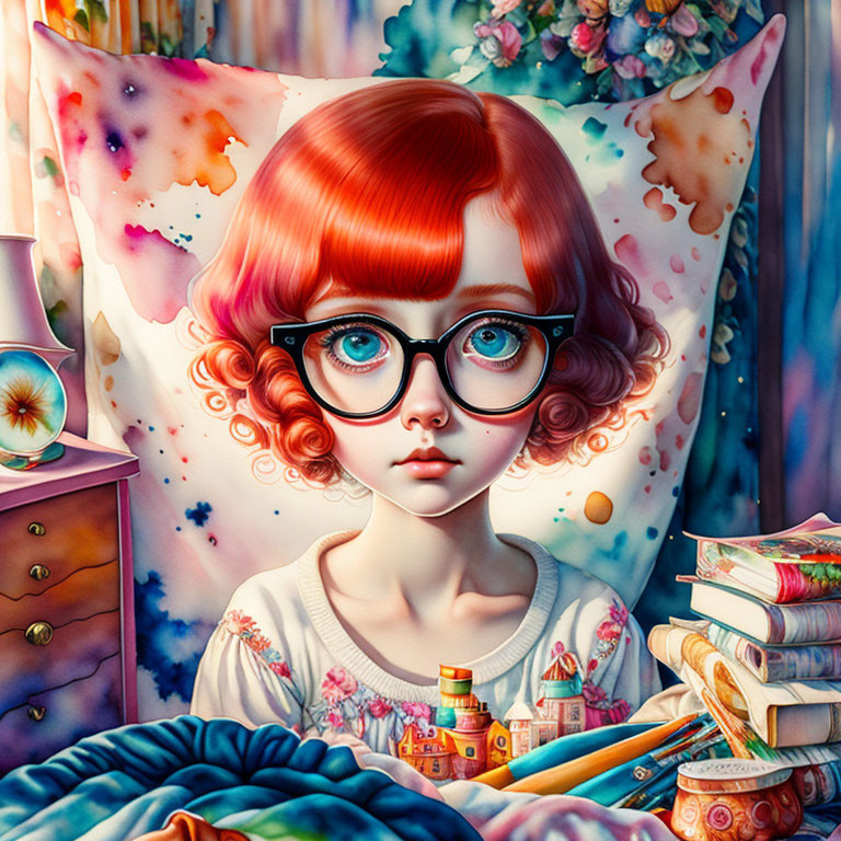 Vibrant illustration: girl with red hair and glasses among colorful pillows and books