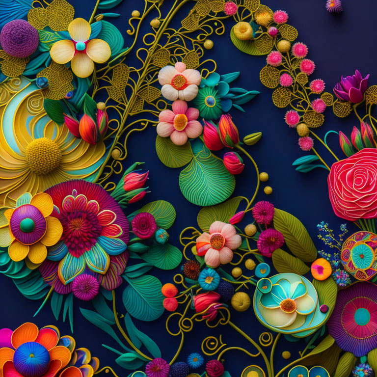 Colorful 3D floral art on dark backdrop