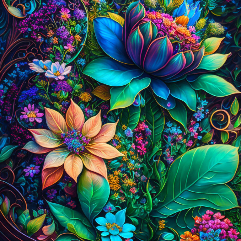 Vibrant digital artwork: colorful flowers, lush foliage, intricate patterns