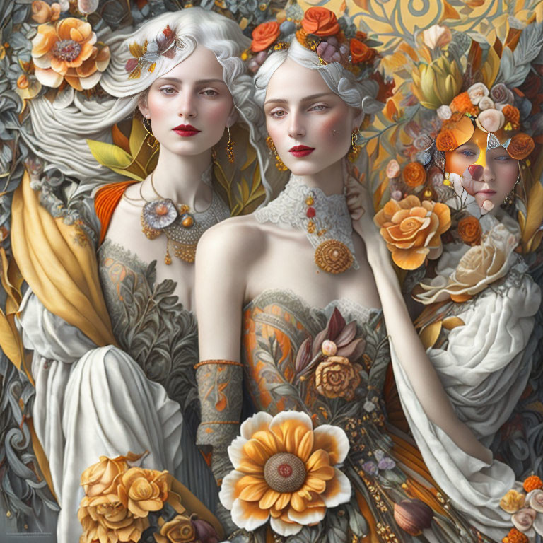 Three women with floral ornaments in renaissance-inspired art.