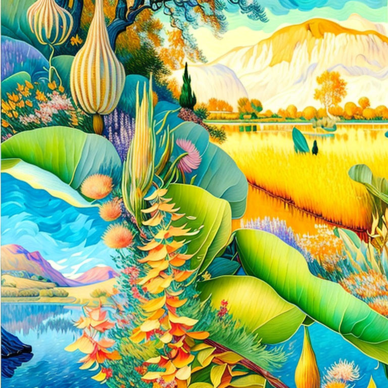 Colorful Surreal Landscape with Exaggerated Flora and River