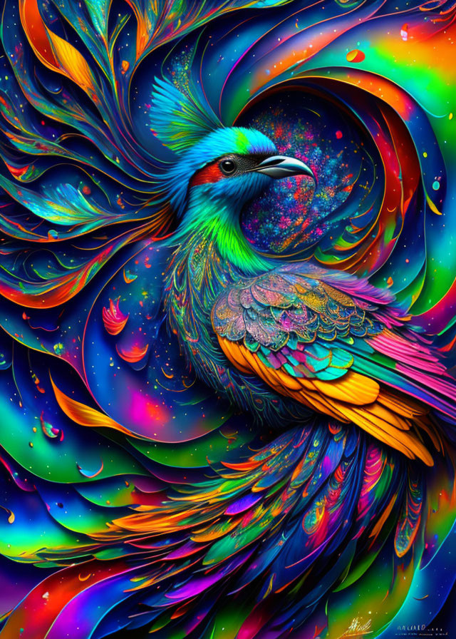 Colorful Bird Artwork with Space-Inspired Patterns