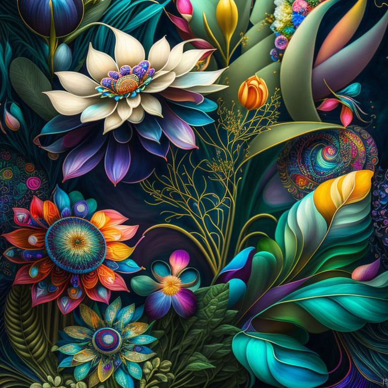 Colorful digital artwork: stylized flowers and swirling plant forms