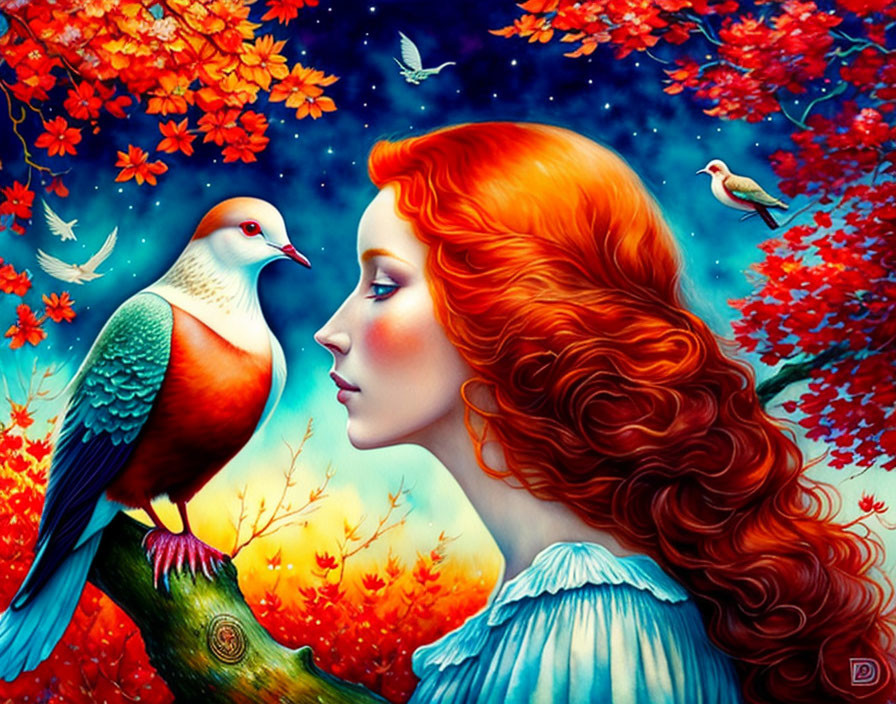 Colorful autumn illustration: Woman with red hair, birds, and vibrant foliage