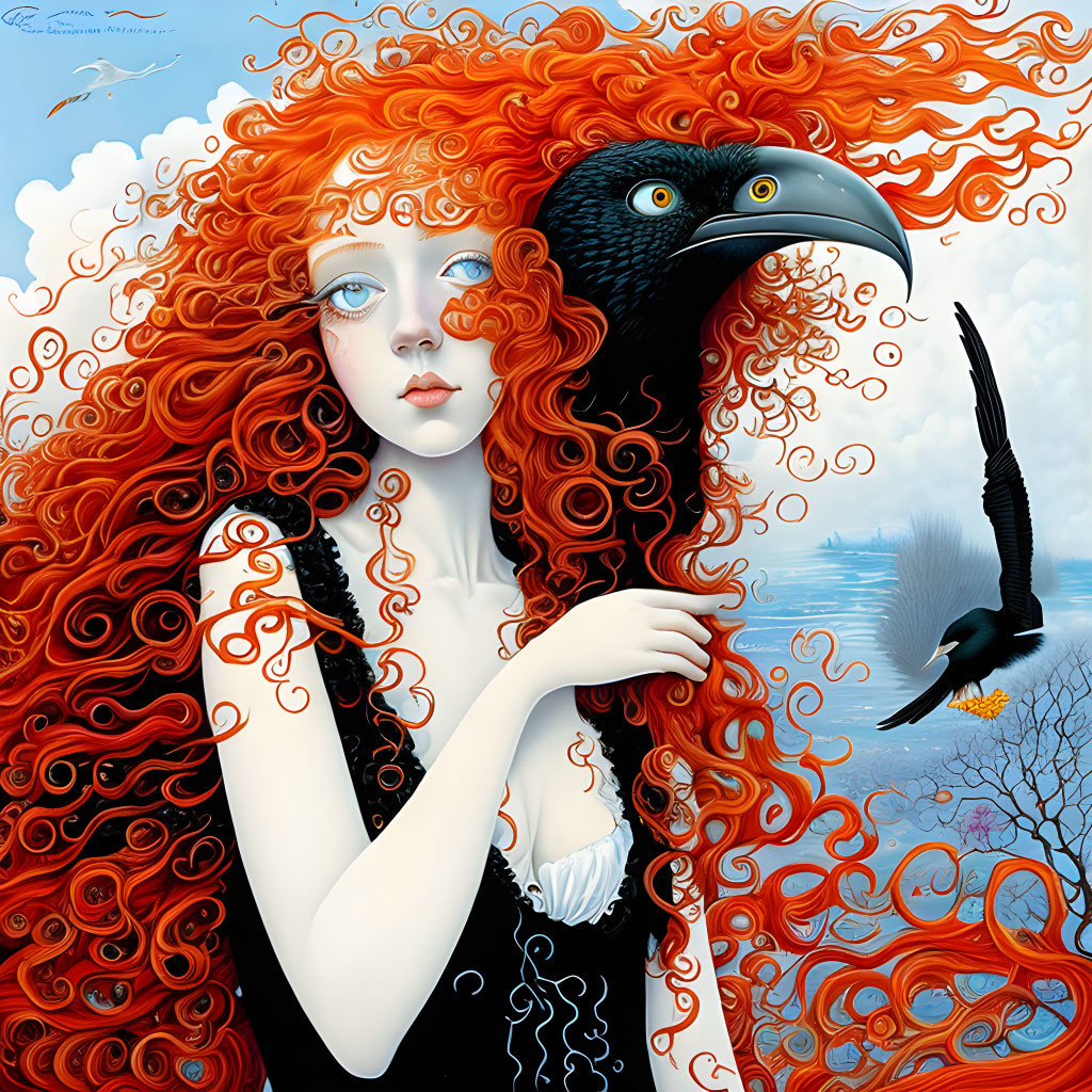 Artwork of pale woman with red curls and raven on shoulder in surreal setting