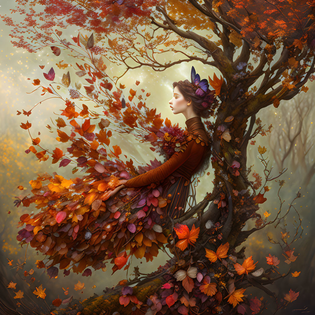 Person blending into autumn tree surrounded by red and orange leaves