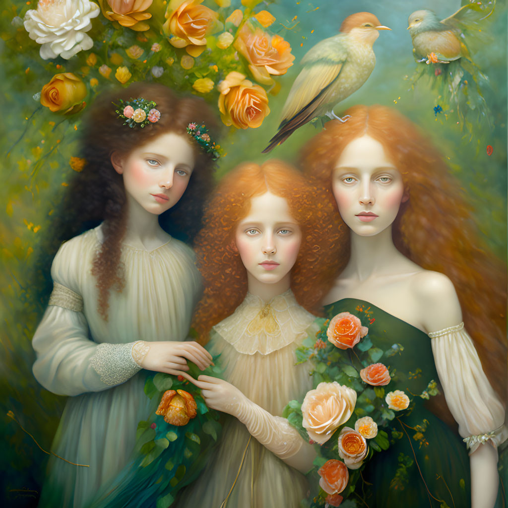 Ethereal women with flowing hair among orange roses and birds