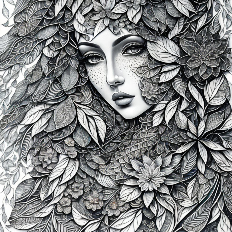 Detailed floral patterns surround woman's face in illustration