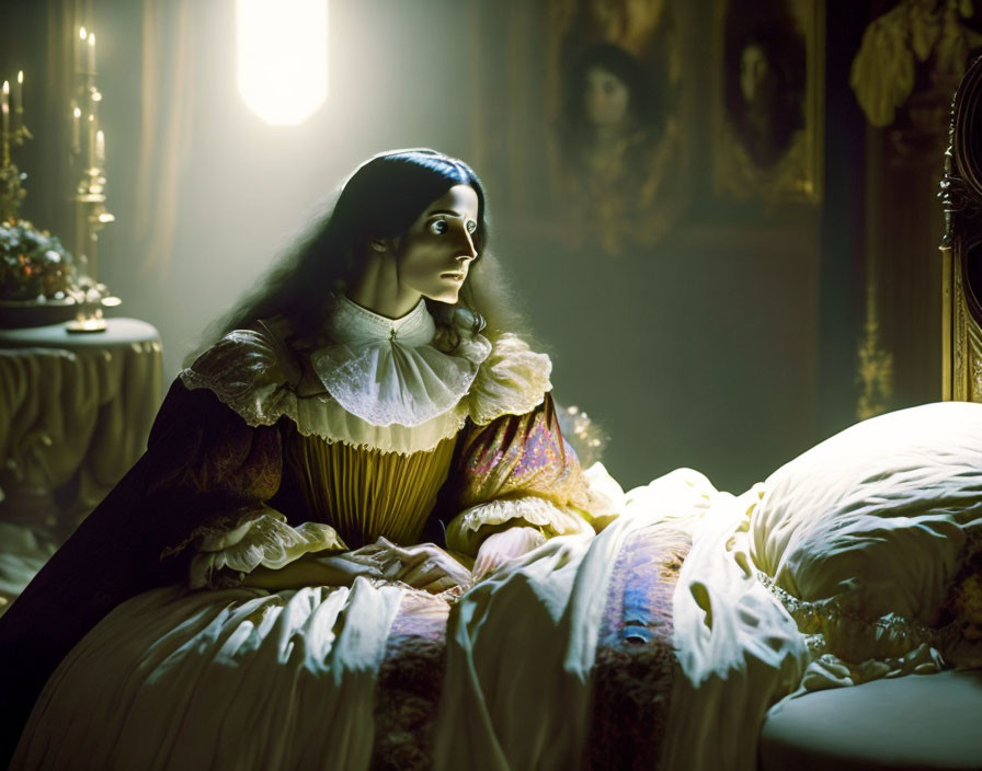 Period attire figure by candlelit bed with eerie ambiance.