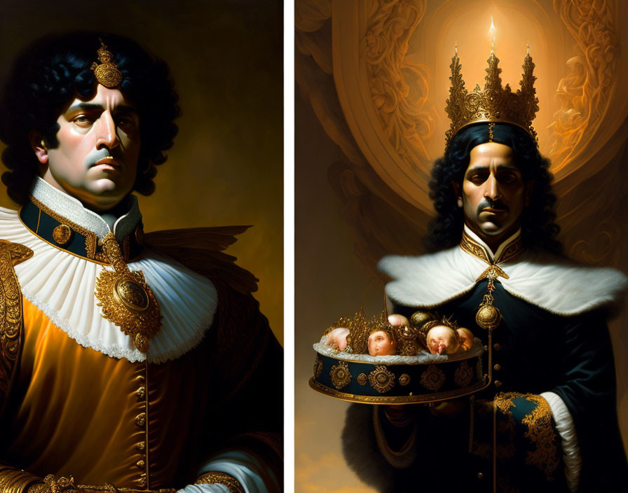 Stylized portraits of a man in royal attire side by side