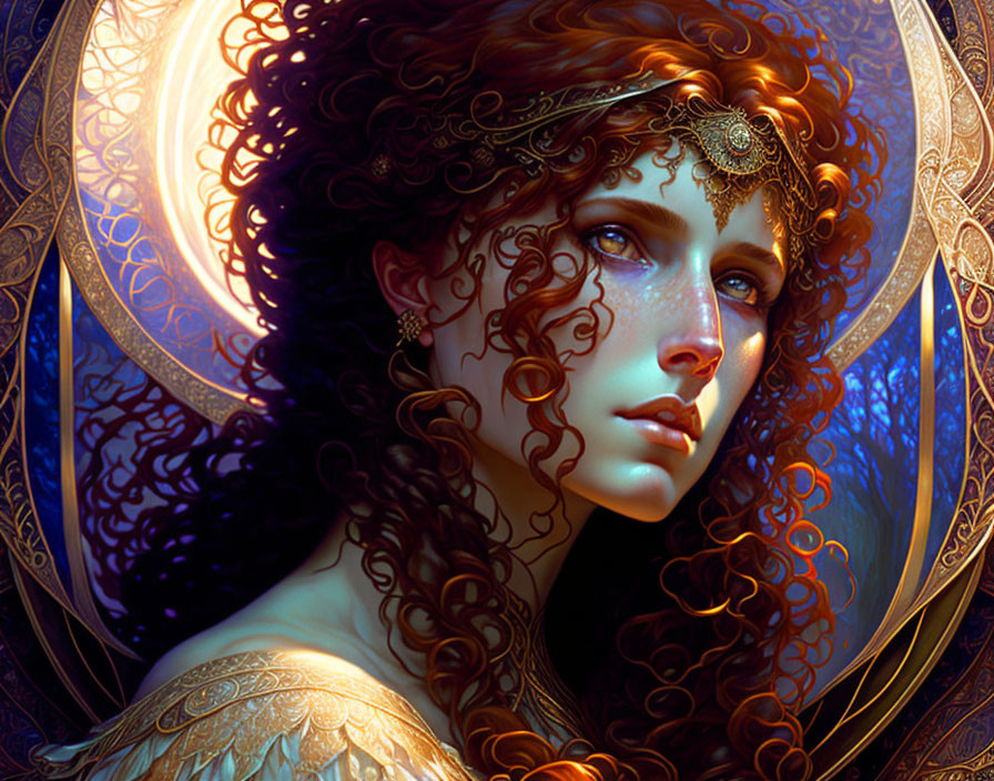 Fantasy portrait: Woman with golden jewelry, auburn hair, and mystical blue glow