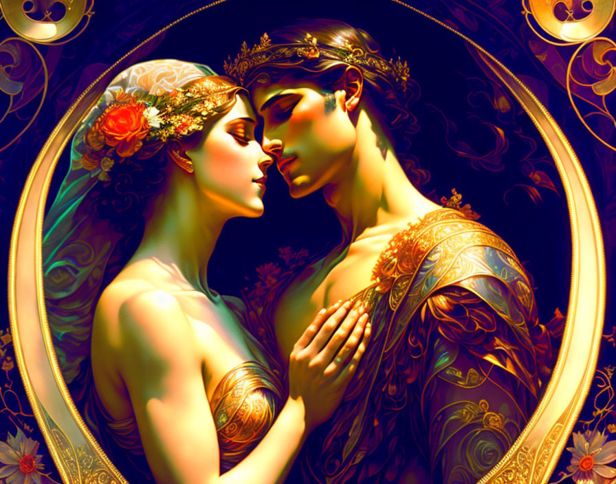 Romantic illustration of man and woman in classical attire embracing amid golden floral backdrop