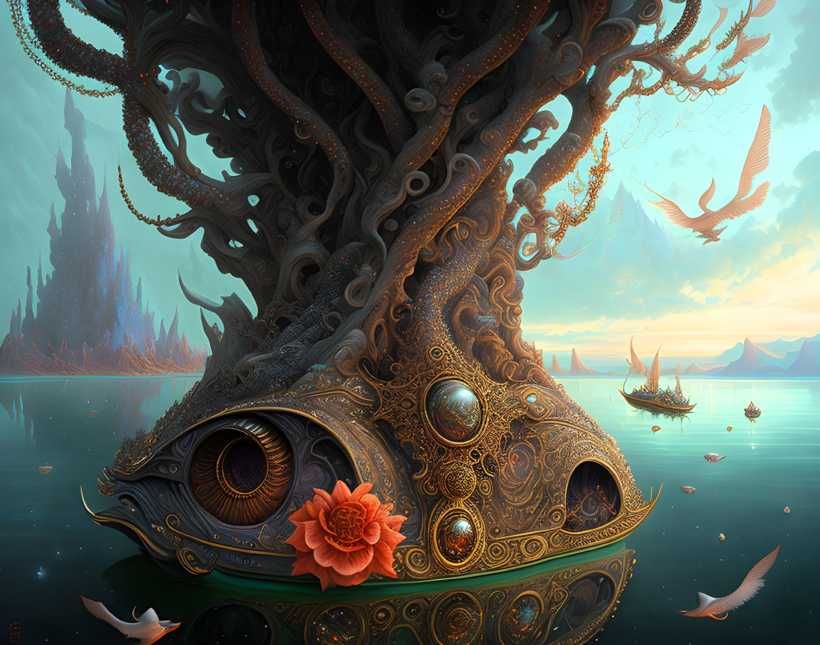 Ornate surreal tree with eye design in serene landscape