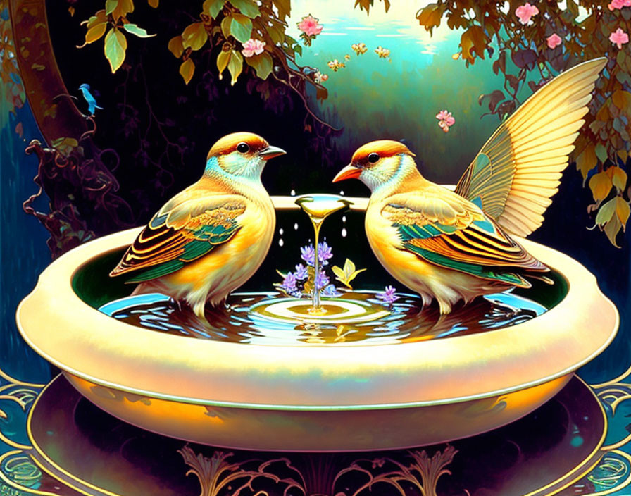 Colorful Birds on Water Bowl with Floral Motifs