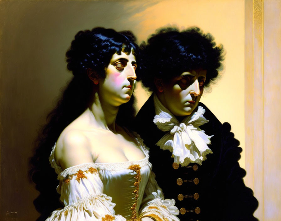 Realistic painting of man and woman in period attire with dramatic lighting