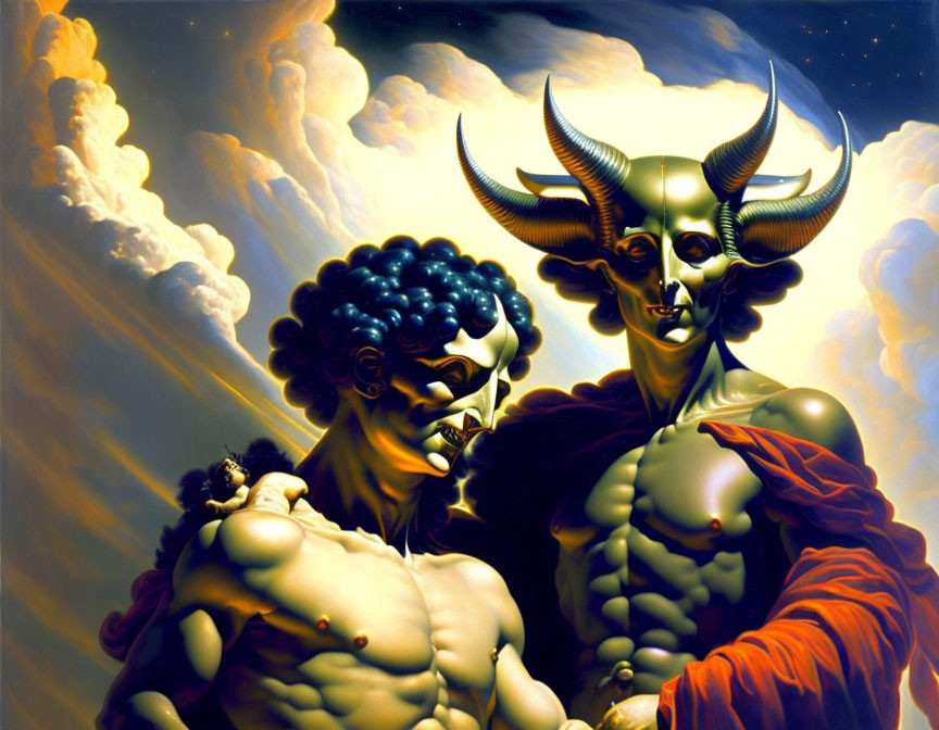 Muscular horned beings in dramatic sky with blue hair & menacing grin