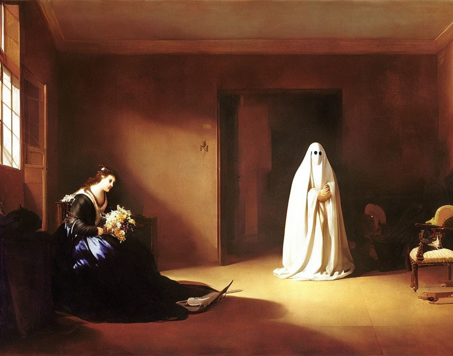 Classic Painting: Woman in Dark Dress with Flowers Sees Ghostly Figure