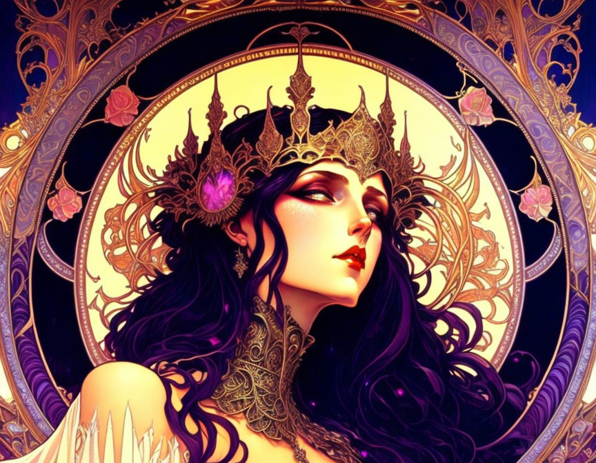 Regal woman portrait with gold crown in art nouveau motif