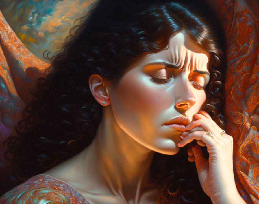 Pensive woman portrait with curly hair and vibrant colors