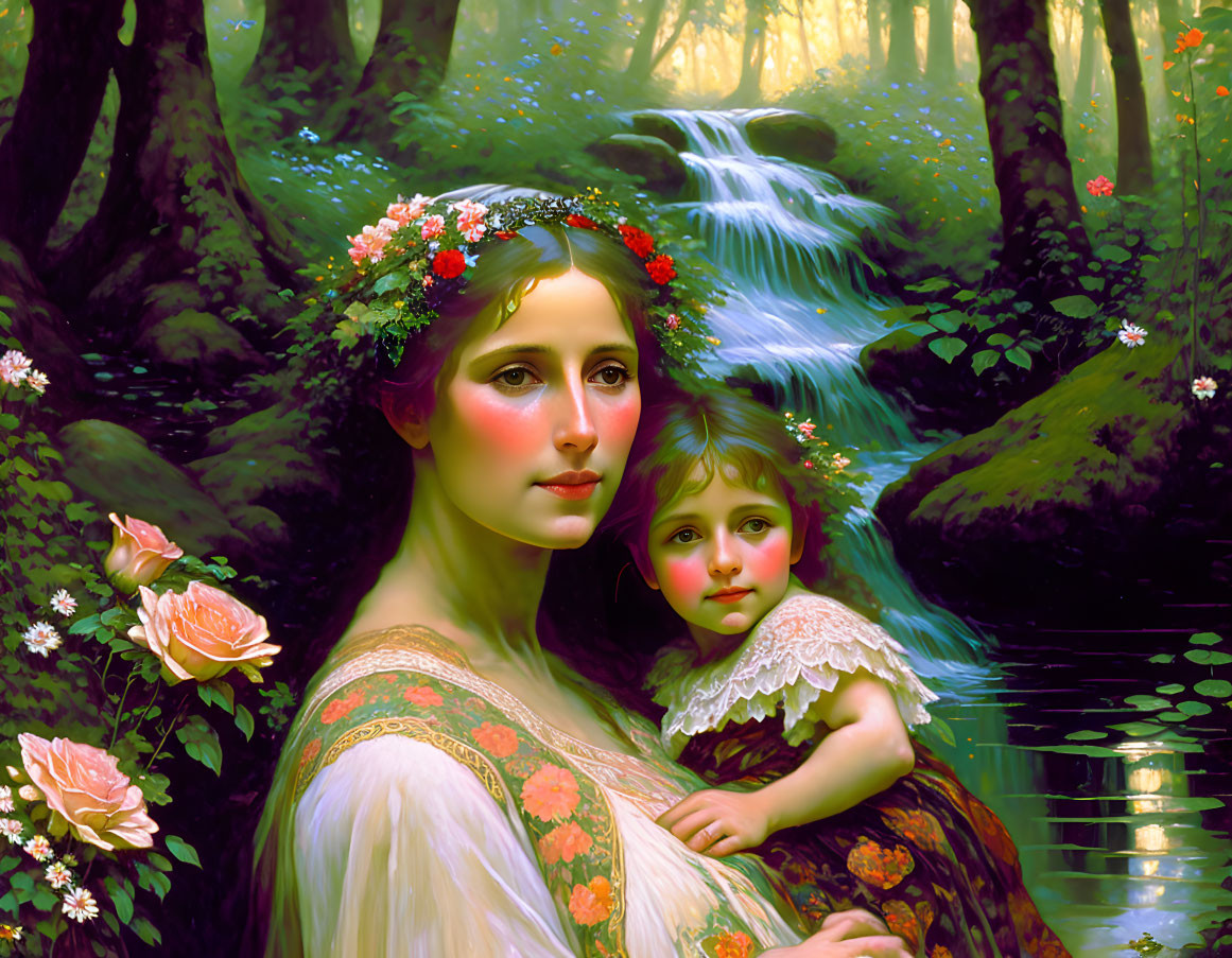 Woman and child in woodland with waterfall, woman in flower crown