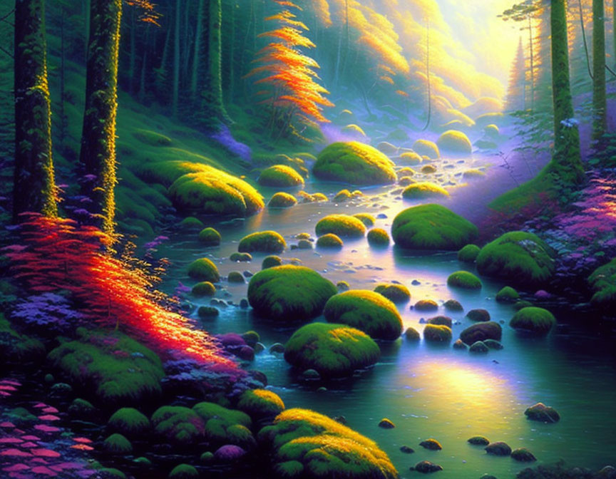 Colorful Forest with Moss-Covered Stones and Sunlit Stream