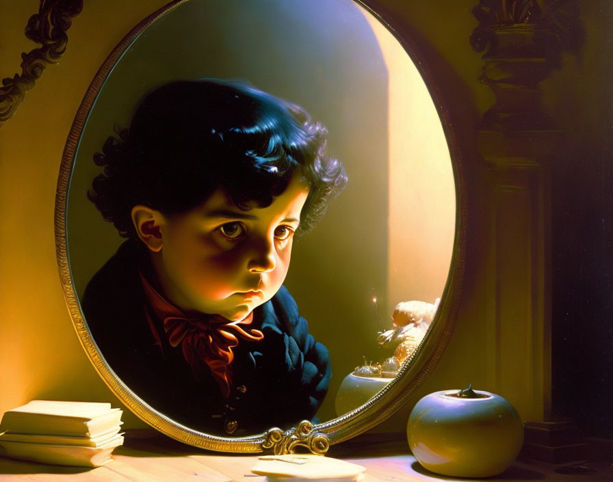 Child with curly hair gazes at candle reflection in ornate mirror among books and apple