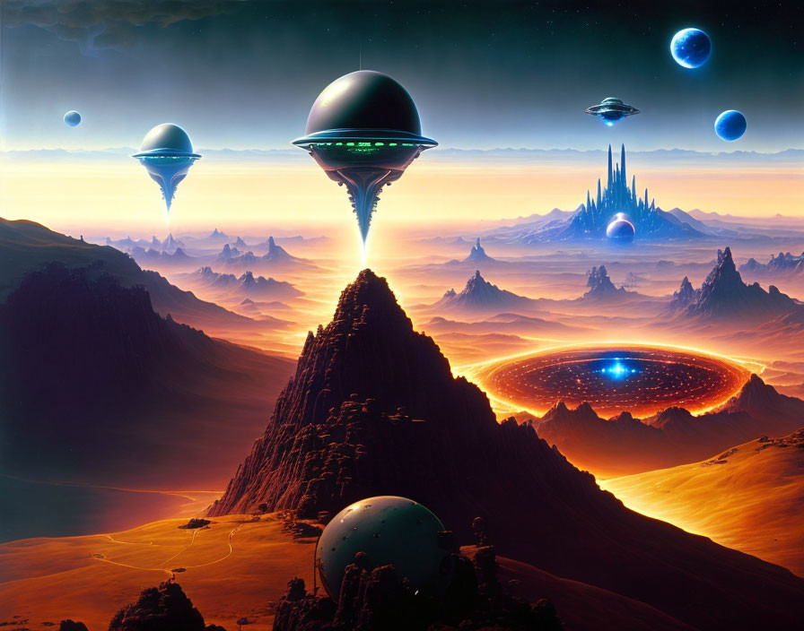 Sci-fi landscape with multiple UFOs over desert terrain