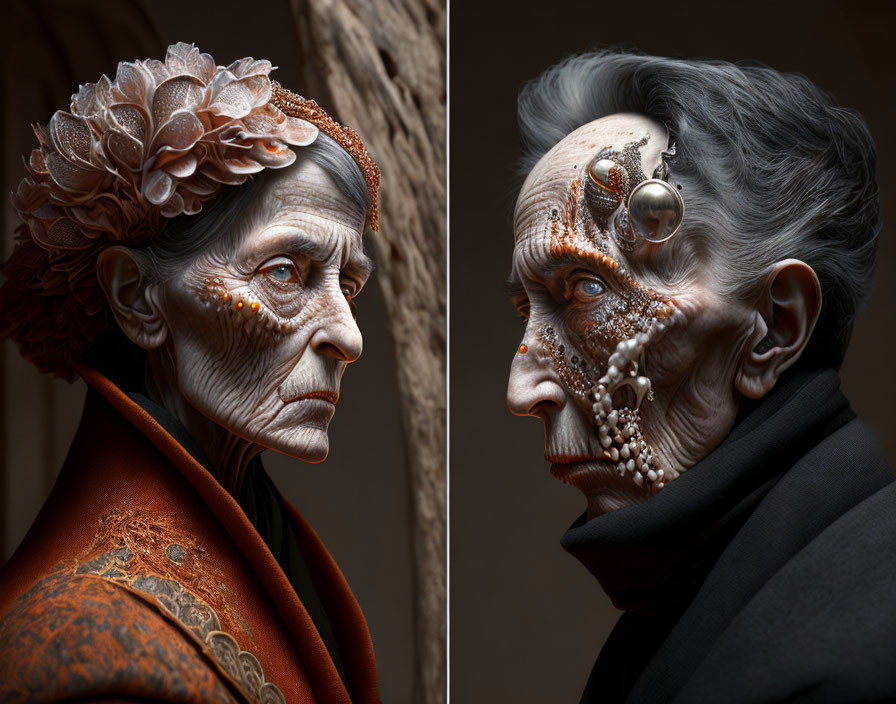 Elderly individuals in steampunk headpieces and attire