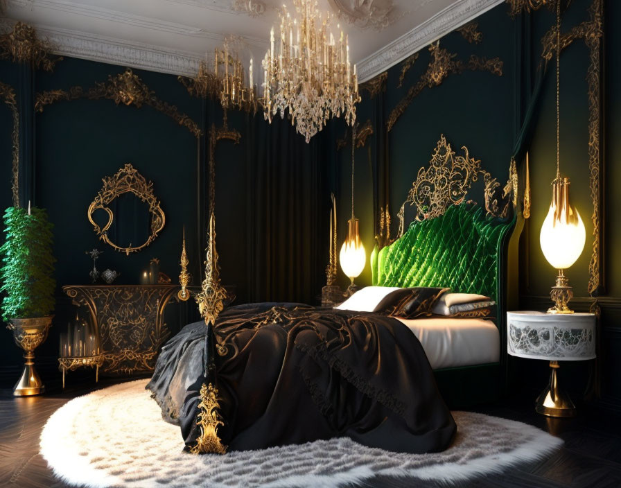 Luxurious Dark Green and Gold Themed Bedroom with Chandelier and Ornate Furniture